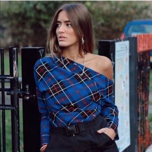 Zara Off the Shoulder Plaid Blue Red Black Blouse Blogger Favorite Fall S